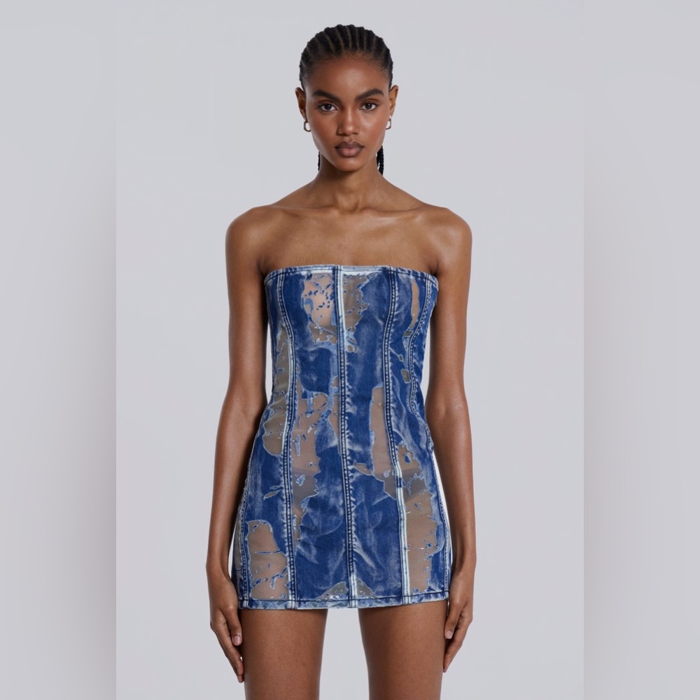 Jaded London Zion Mini Dress Lace Up Corset Mesh Denim UK 10 US 6 SMALL - Picture 8 of 12